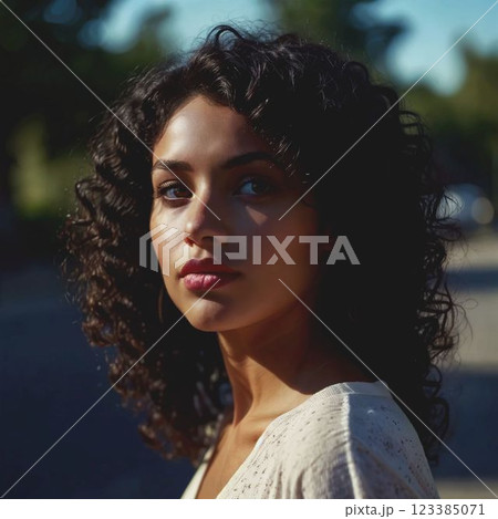 Young woman, girl. Brunette with curly shoulder-length hair. Serious determined look. Girl is dressed in casual style AI generated with further retouching and processing in graphic programs Young woman, girl. Brunette with curly shoulder-length hair. Serious determined look. Girl is dressed in casual style AI generated with further retouching and processing in graphic programs 123385071