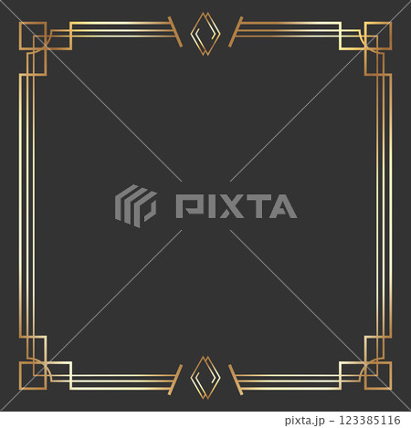 Shiny golden Art Deco geometric frame in square shape. Vintage retro Art Deco border. Vector illustration 123385116