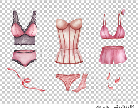 Set with pink purple lingerie, lace socks, pyjamas. Watercolor illustration. For create composition, wrapping paper, booklets, postcards, packaging in underwear stores, design page on social networks Set with pink purple lingerie, lace socks, pyjamas. Watercolor illustration. For create composition, wrapping paper, booklets, postcards, packaging in underwear stores, design page on social networks 123385594