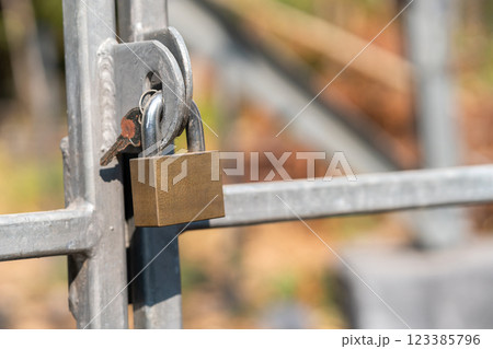 Close-up of padlock locking on iron door. 123385796