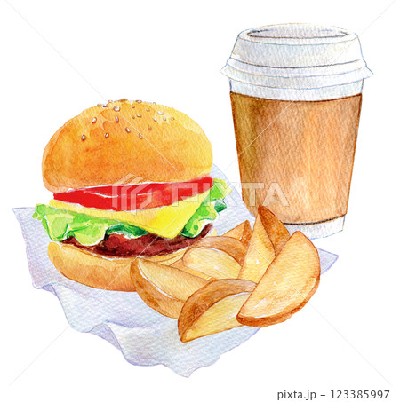 水彩イラスト　ハンバーガーとポテトのセット 123385997