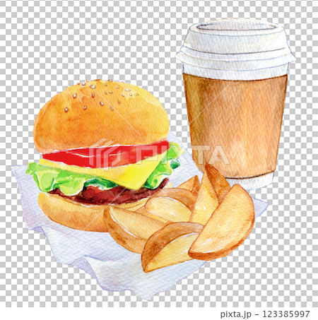水彩イラスト　ハンバーガーとポテトのセット 123385997