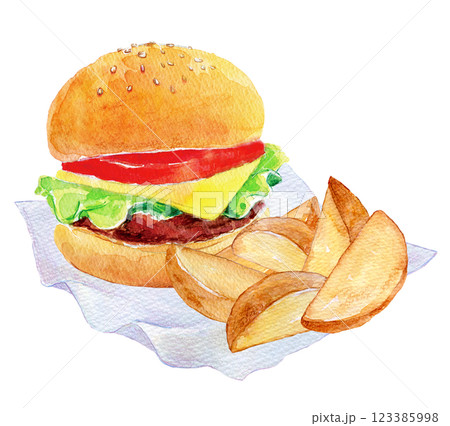 水彩イラスト ハンバーガーとポテトのセット 水彩イラスト ハンバーガーとポテトのセット 123385998