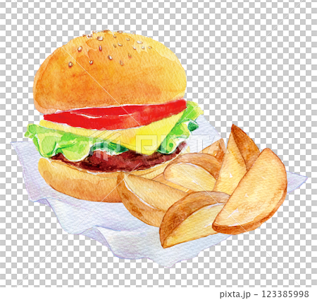 水彩イラスト ハンバーガーとポテトのセット 水彩イラスト ハンバーガーとポテトのセット 123385998