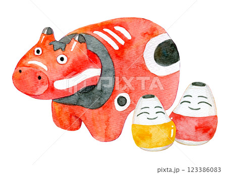 水彩イラスト 赤べこと起き上がり小法師 水彩イラスト 赤べこと起き上がり小法師 123386083