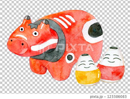 水彩插圖：Akabeko 和 Okiagari Koboshi 123386083