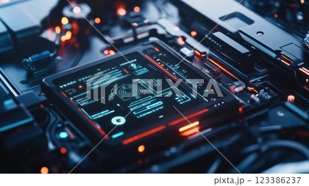 Futuristic digital circuit technology with holographic interface for innovative design and engineering concepts. Automotive battery 123386237