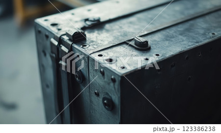 Industrial metal equipment part for manufacturing processes and engineering design. Automotive battery 123386238