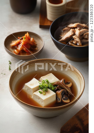 Tofu and mushroom soup with scallions 123386310