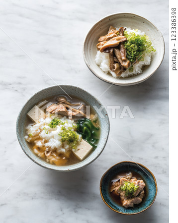 Japanese tofu and rice soup with mushrooms 123386398
