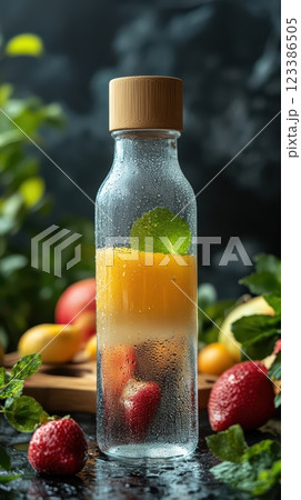 Premium Reusable Glass Juice Bottle with Bamboo Cap and Fresh Fruit Accents Premium Reusable Glass Juice Bottle with Bamboo Cap and Fresh Fruit Accents 123386505