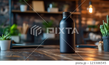 Stainless Steel Reusable Water Bottle on a Wooden Table with Greenery Decor 123386545