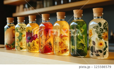 Vibrant Kombucha Bottles with Nature Inspired Floral 123386579