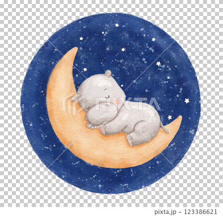 Watercolor baby hippopotamus sleeping on moon in night sky, hand draw hippo illustration for kids, painted drawing with isolated background 123386621