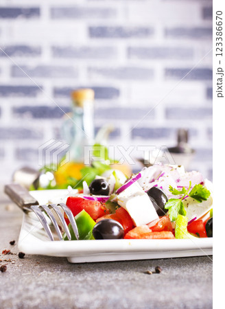 Salad with cheese and fresh vegetables . Greek salad. Salad with cheese and fresh vegetables . Greek salad. 123386670