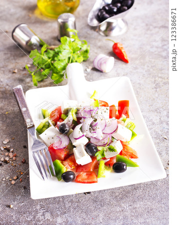 Salad with cheese and fresh vegetables . Greek salad. 123386671