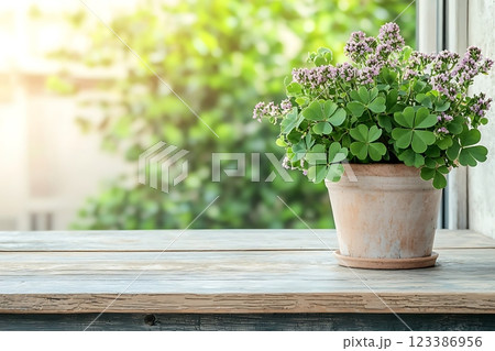 serene image of a blooming clover plant in a terracotta pot on a rustic wooden table. 123386956
