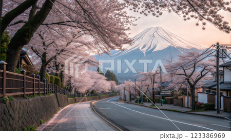 Stunning view of mount fuji surrounded by cherry blossoms in a serene japanese Stunning view of mount fuji surrounded by cherry blossoms in a serene japanese 123386969