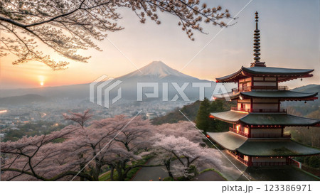 Mountain Fuji and Chureito red pagoda with cherry blossom sakura 123386971