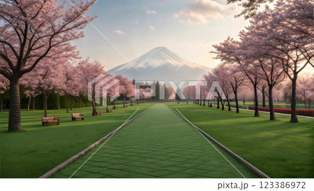 Stunning view of mount fuji surrounded by cherry blossoms in a serene japanese 123386972