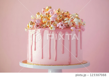 Pink drip cake with gold popcorn topping Pink drip cake with gold popcorn topping 123387088