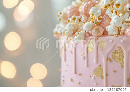 Pink drip cake with gold popcorn topping 123387095