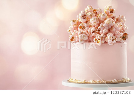 Luxurious pink cake with gold popcorn topping Luxurious pink cake with gold popcorn topping 123387108