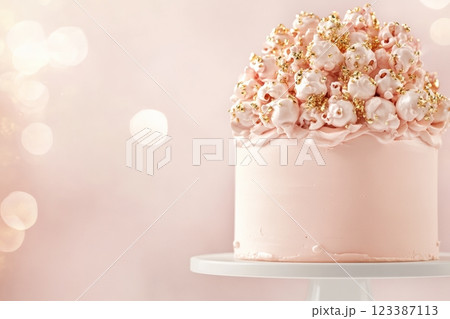 Elegant pink cake with gold popcorn topping 123387113