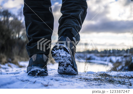 Hiker goes against sky and sun. Hiking concept Hiker goes against sky and sun. Hiking concept 123387247