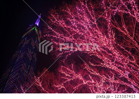 Fukuoka tower at night with pink light up decor on tree, Japan Fukuoka tower at night with pink light up decor on tree, Japan 123387413