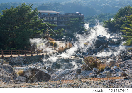 Top view of Hell valley Jigoku at Mount Unzen hot springs and gas 123387440