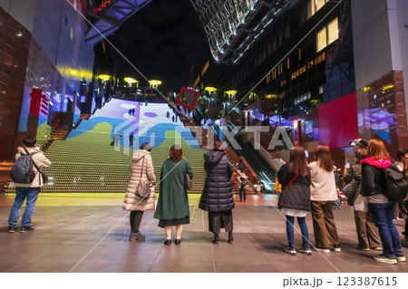 People in Kyoto Station see light up illustration show on staircase People in Kyoto Station see light up illustration show on staircase 123387615