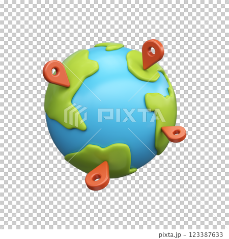 3d globe with pins. GPS location, direction or destination indicator concept. 123387633
