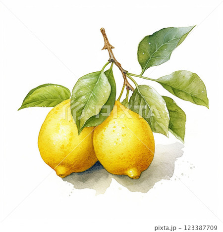 Watercolor lemons with leaves on white background. Botanical clipart with citrus fruits for design 123387709