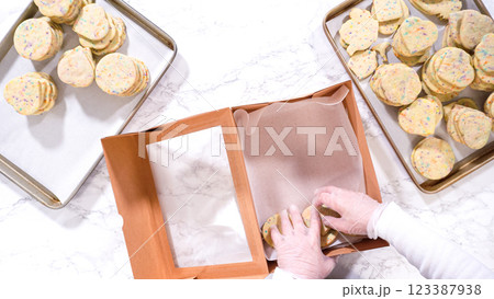 Flat lay. With precision, the woman is carefully arranging the sugar cookies, filled with dough-mixed sprinkles, into a rustic brown paper box. Flat lay. With precision, the woman is carefully arranging the sugar cookies, filled with dough-mixed sprinkles, into a rustic brown paper box. 123387938