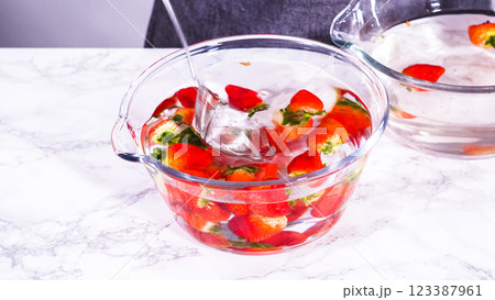 Ripe strawberries are submerged in water within a large glass mixing bowl, a step in washing the fruit to ensure cleanliness and longevity before storage or consumption. Ripe strawberries are submerged in water within a large glass mixing bowl, a step in washing the fruit to ensure cleanliness and longevity before storage or consumption. 123387961