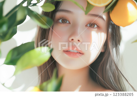 柑橘シトラスと女性の美容イメージ（スキンケア・ボディケア・エステサロン） 123388205