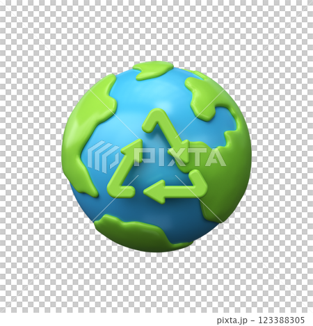 Recycling icon with on globe. Ecology and environmental protection concept, 3D render 123388305