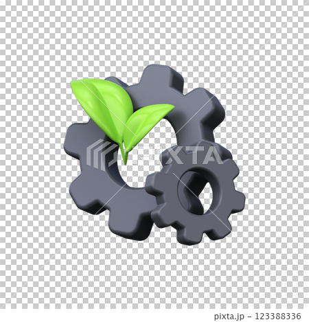 Gear with green leaf. 3d icon of green industry and clean technology. 123388336