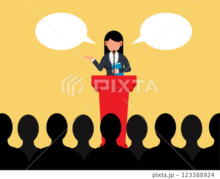 Conference or seminar. Businesswoman stand with podium and speech on stage in front of an audience Conference or seminar. Businesswoman stand with podium and speech on stage in front of an audience 123388924