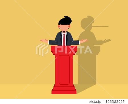 Lying male politician. Male politician on a podium giving speech with his long nose shadows. Lying male politician. Male politician on a podium giving speech with his long nose shadows. 123388925