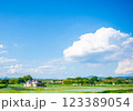 夏の青空と田んぼ 123389054
