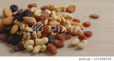 ミックスナッツとドライフルーツのヘルシースナック  123389309