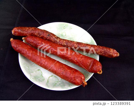 Sausage on a plate close view background Sausage on a plate close view background 123389391