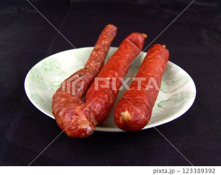 Sausage on a plate close view background Sausage on a plate close view background 123389392