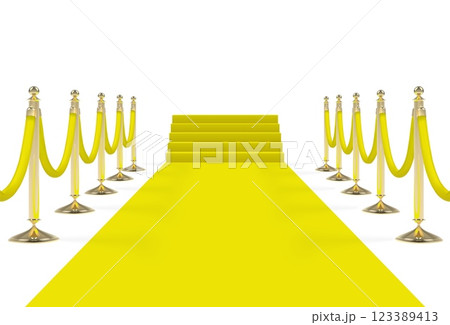 Yellow carpet on stairs with ropes on golden stanchions 123389413