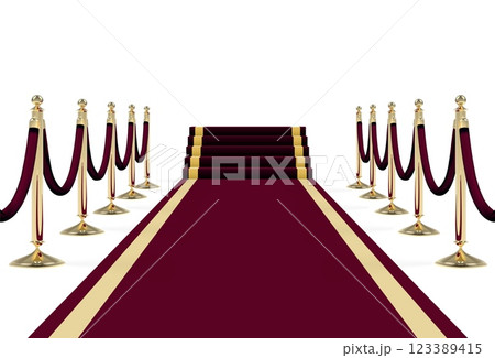 Black red carpet on stairs with ropes on golden stanchions Black red carpet on stairs with ropes on golden stanchions 123389415