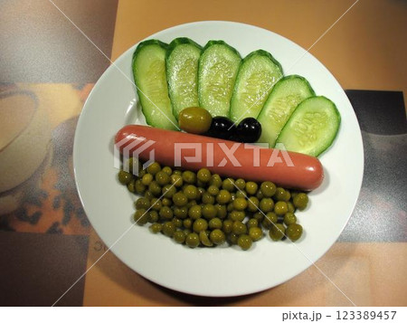 Fresh Cucumber Ingredients on Tableware for Recipe Preparation Fresh Cucumber Ingredients on Tableware for Recipe Preparation 123389457