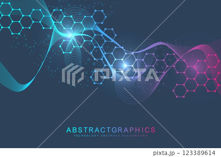 Modern science background with lines, dots and hexagons. Wave flow abstract background. Molecular structure for medical, technology, chemistry, science. Vector illustration 123389614