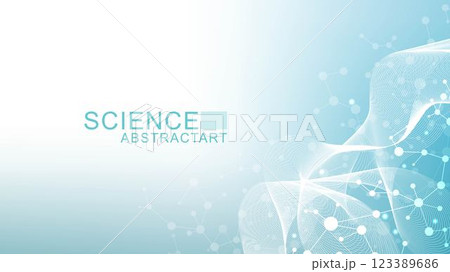 Modern abstract molecules structure for science or medical background. DNA helix or atom visualization. Molecular wave flow abstract background. Vector illustration Modern abstract molecules structure for science or medical background. DNA helix or atom visualization. Molecular wave flow abstract background. Vector illustration 123389686